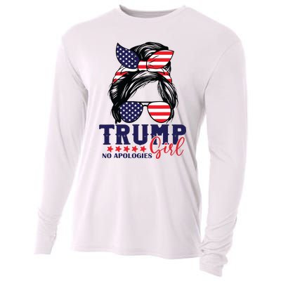 Trump Girl No Apologies Messy Bun Trump 2024 American Flag Cooling Performance Long Sleeve Crew