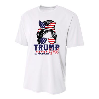 Trump Girl No Apologies Messy Bun Trump 2024 American Flag Youth Performance Sprint T-Shirt