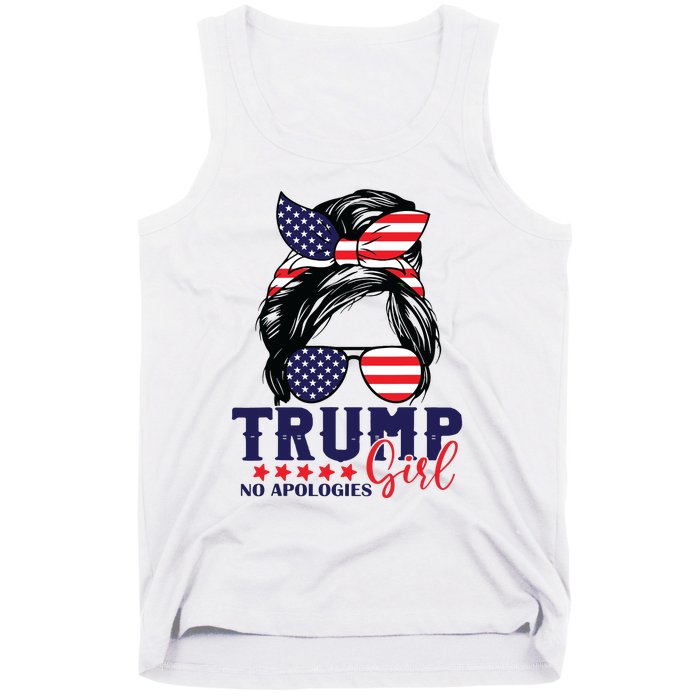 Trump Girl No Apologies Messy Bun Trump 2024 American Flag Tank Top