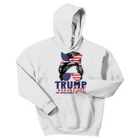 Trump Girl No Apologies Messy Bun Trump 2024 American Flag Kids Hoodie