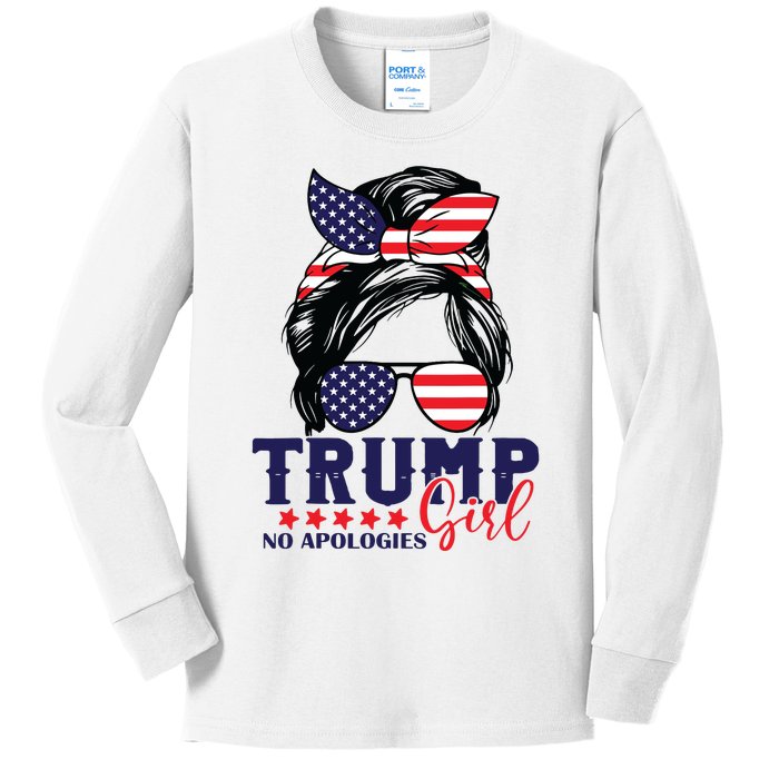 Trump Girl No Apologies Messy Bun Trump 2024 American Flag Kids Long Sleeve Shirt