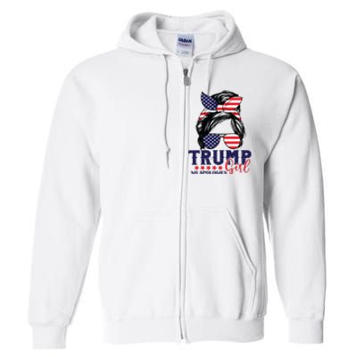 Trump Girl No Apologies Messy Bun Trump 2024 American Flag Full Zip Hoodie