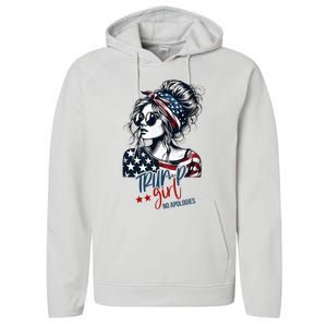 Trump Girl No Apologies Messy Bun Trump 2024 American Flag Performance Fleece Hoodie