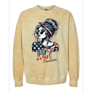 Trump Girl No Apologies Messy Bun Trump 2024 American Flag Colorblast Crewneck Sweatshirt