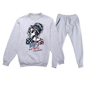 Trump Girl No Apologies Messy Bun Trump 2024 American Flag Premium Crewneck Sweatsuit Set