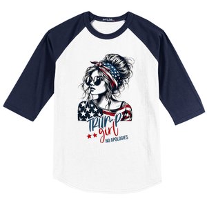 Trump Girl No Apologies Messy Bun Trump 2024 American Flag Baseball Sleeve Shirt