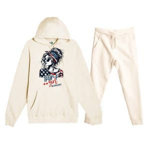 Trump Girl No Apologies Messy Bun Trump 2024 American Flag Premium Hooded Sweatsuit Set