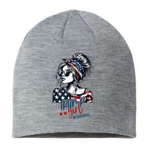 Trump Girl No Apologies Messy Bun Trump 2024 American Flag Sustainable Beanie