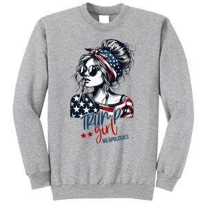 Trump Girl No Apologies Messy Bun Trump 2024 American Flag Tall Sweatshirt