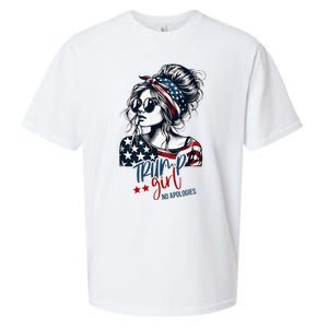 Trump Girl No Apologies Messy Bun Trump 2024 American Flag Sueded Cloud Jersey T-Shirt