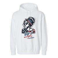 Trump Girl No Apologies Messy Bun Trump 2024 American Flag Garment-Dyed Fleece Hoodie