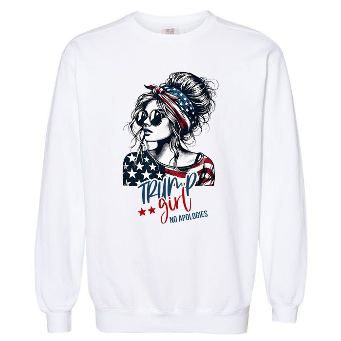 Trump Girl No Apologies Messy Bun Trump 2024 American Flag Garment-Dyed Sweatshirt