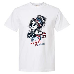 Trump Girl No Apologies Messy Bun Trump 2024 American Flag Garment-Dyed Heavyweight T-Shirt