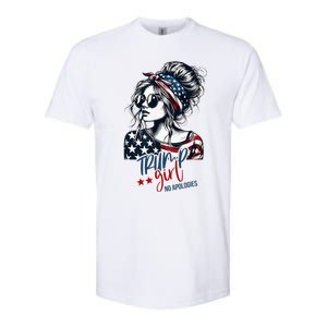 Trump Girl No Apologies Messy Bun Trump 2024 American Flag Softstyle CVC T-Shirt