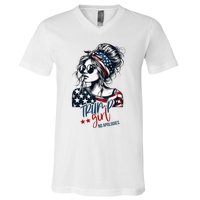 Trump Girl No Apologies Messy Bun Trump 2024 American Flag V-Neck T-Shirt