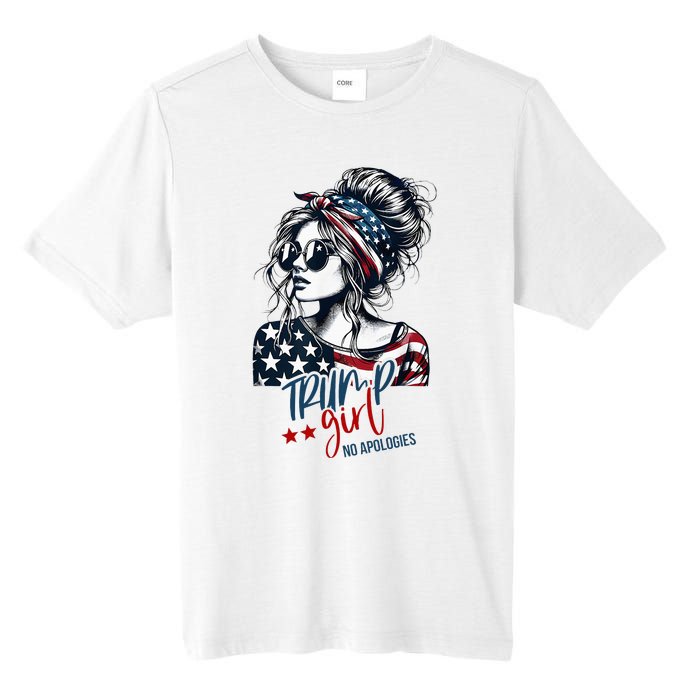 Trump Girl No Apologies Messy Bun Trump 2024 American Flag Tall Fusion ChromaSoft Performance T-Shirt