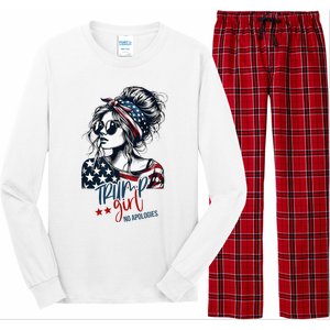 Trump Girl No Apologies Messy Bun Trump 2024 American Flag Long Sleeve Pajama Set