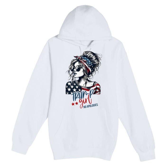 Trump Girl No Apologies Messy Bun Trump 2024 American Flag Premium Pullover Hoodie