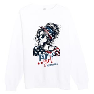 Trump Girl No Apologies Messy Bun Trump 2024 American Flag Premium Crewneck Sweatshirt