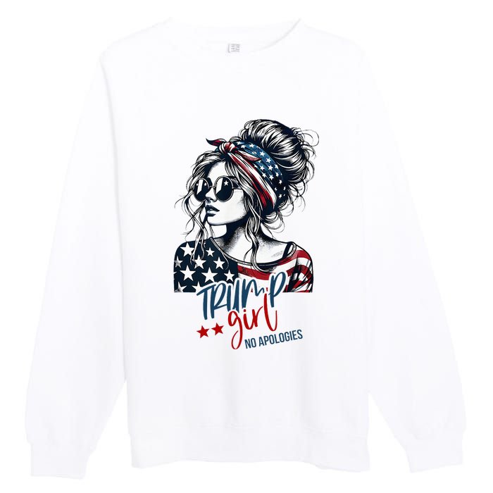 Trump Girl No Apologies Messy Bun Trump 2024 American Flag Premium Crewneck Sweatshirt