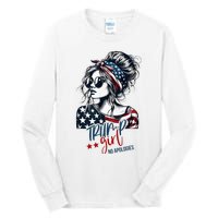 Trump Girl No Apologies Messy Bun Trump 2024 American Flag Tall Long Sleeve T-Shirt