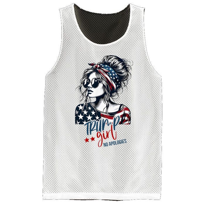 Trump Girl No Apologies Messy Bun Trump 2024 American Flag Mesh Reversible Basketball Jersey Tank