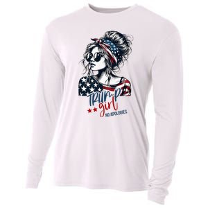 Trump Girl No Apologies Messy Bun Trump 2024 American Flag Cooling Performance Long Sleeve Crew