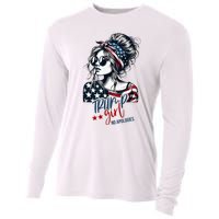 Trump Girl No Apologies Messy Bun Trump 2024 American Flag Cooling Performance Long Sleeve Crew