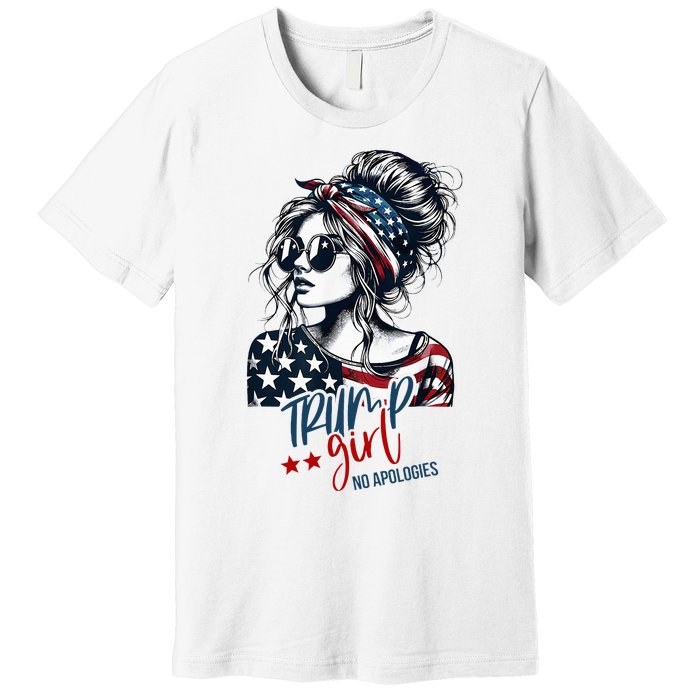 Trump Girl No Apologies Messy Bun Trump 2024 American Flag Premium T-Shirt