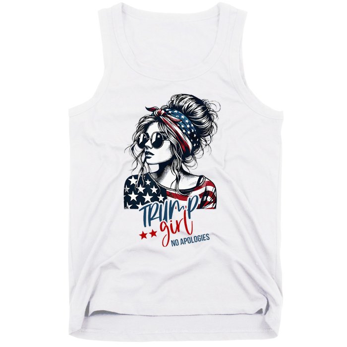 Trump Girl No Apologies Messy Bun Trump 2024 American Flag Tank Top