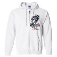 Trump Girl No Apologies Messy Bun Trump 2024 American Flag Full Zip Hoodie