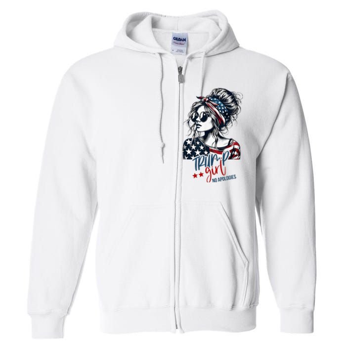 Trump Girl No Apologies Messy Bun Trump 2024 American Flag Full Zip Hoodie