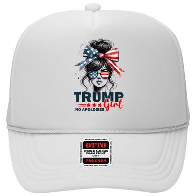 Trump Girl No Apologies Messy Bun Sunglasses Trump 2024 Usa High Crown Mesh Back Trucker Hat