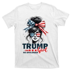 Trump Girl No Apologies Messy Bun Sunglasses Trump 2024 Usa T-Shirt