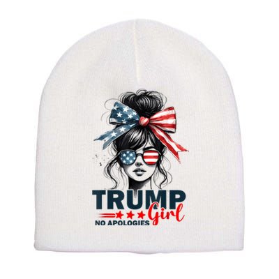 Trump Girl No Apologies Messy Bun Sunglasses Trump 2024 Usa Short Acrylic Beanie