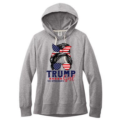 Trump Girl No Apologies Messy Bun Trump 2024 American Flag Women's Fleece Hoodie