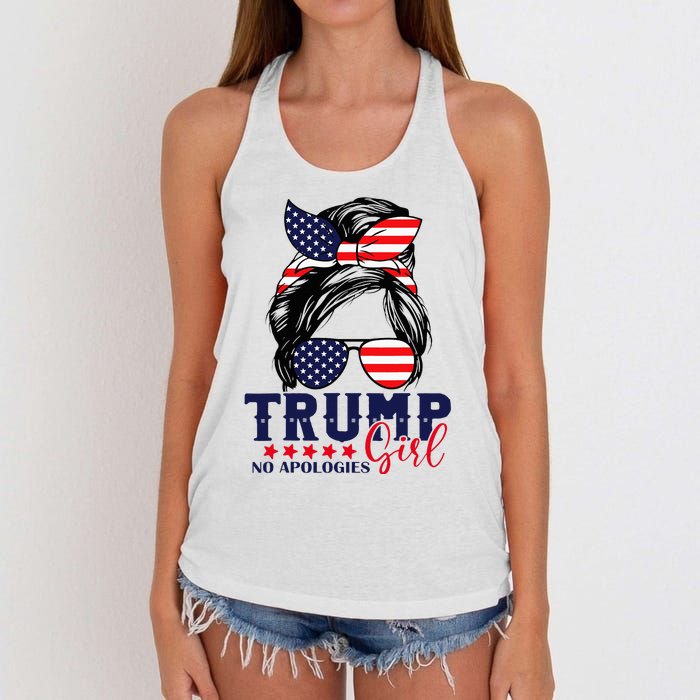 Trump Girl No Apologies Messy Bun Trump 2024 American Flag Women's Knotted Racerback Tank