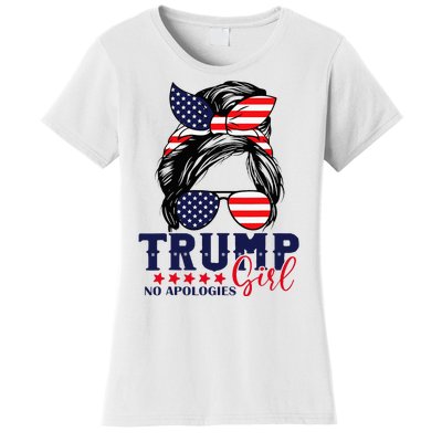 Trump Girl No Apologies Messy Bun Trump 2024 American Flag Women's T-Shirt