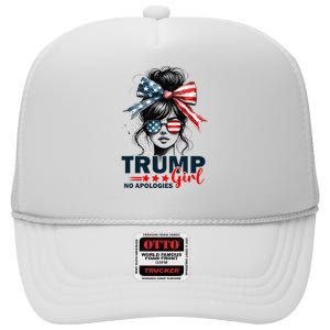 Trump Girl No Apologies Messy Bun Sunglasses Trump 2024 High Crown Mesh Back Trucker Hat