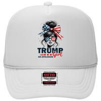 Trump Girl No Apologies Messy Bun Sunglasses Trump 2024 High Crown Mesh Back Trucker Hat