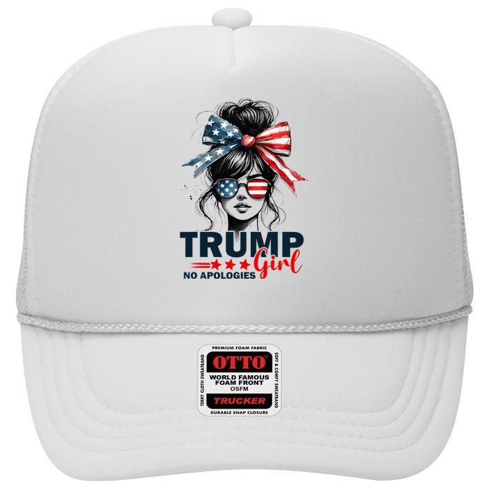 Trump Girl No Apologies Messy Bun Sunglasses Trump 2024 High Crown Mesh Back Trucker Hat