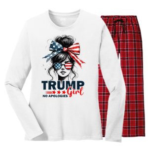 Trump Girl No Apologies Messy Bun Sunglasses Trump 2024 Women's Long Sleeve Flannel Pajama Set 