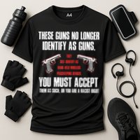 These Guns No Longer Identify As Guns Funny Gun Cooling Performance Crew T-Shirt