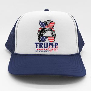 Trump Girl No Apologies Messy Bun Trump 2024 American Flag Trucker Hat