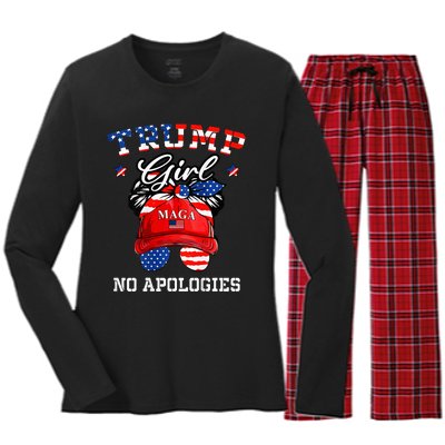 Trump Girl No Apologies Maga Messy Buns Women's Long Sleeve Flannel Pajama Set 