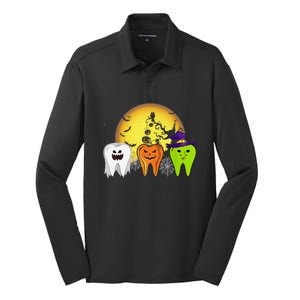 Teeth Ghost Pumpkin Witch Cute Dental Halloween Dentist Gift Silk Touch Performance Long Sleeve Polo