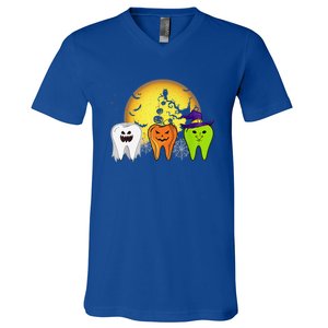 Teeth Ghost Pumpkin Witch Cute Dental Halloween Dentist Gift V-Neck T-Shirt