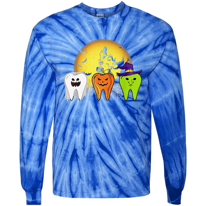 Teeth Ghost Pumpkin Witch Cute Dental Halloween Dentist Gift Tie-Dye Long Sleeve Shirt