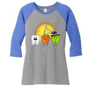 Teeth Ghost Pumpkin Witch Cute Dental Halloween Dentist Gift Women's Tri-Blend 3/4-Sleeve Raglan Shirt