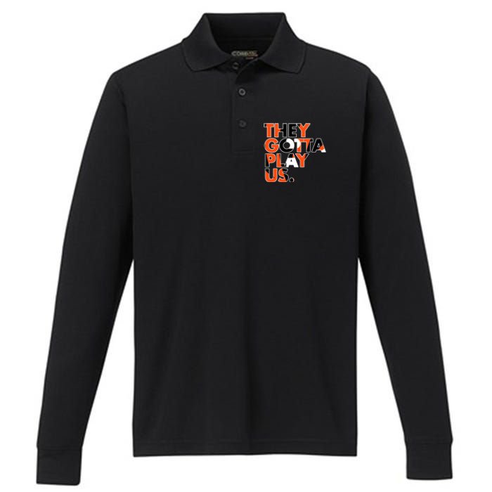 They Gotta Play Us Cincinnati Football Performance Long Sleeve Polo